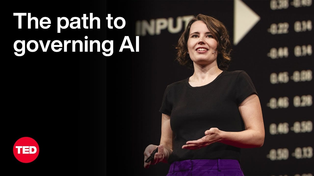 Image of Helen Toner onstage with the TED logo and the words "The Path to governing AI".