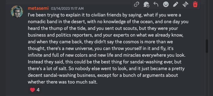 A forum post that compares thinking about the new AI as a consumer software feature to discovering the ocean and viewing it as a potential sandal-washing business.