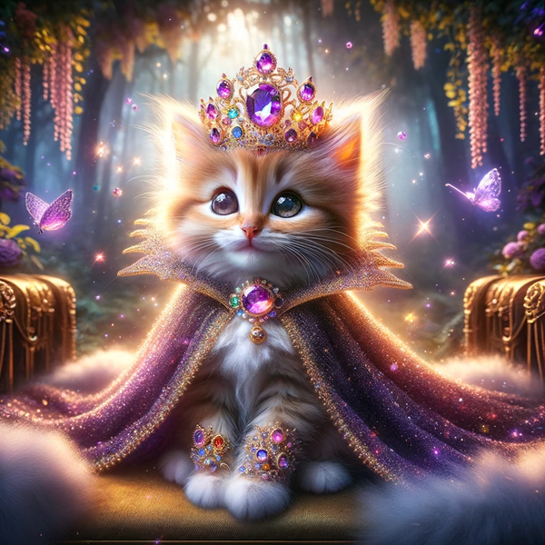 A softly-lit, wide-eyed kitten, bedecked in crown, robe, and jewels, sitting quietly in a splendid garden.